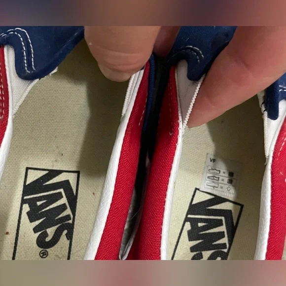 Vans Classic Slip-On | Red, White & Blue Checkerboard Trim Sneakers - Picture 5 of 7